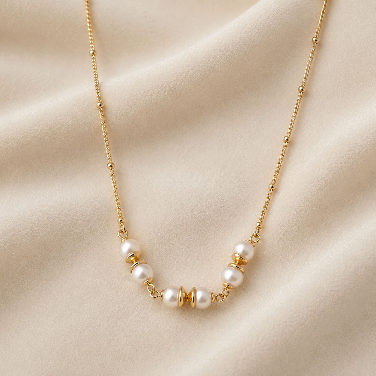 Anasa Pearl Gold Necklace with elegant pearl detailing on a waterproof 18K gold PVD stainless steel chain by Maison Élyséa.