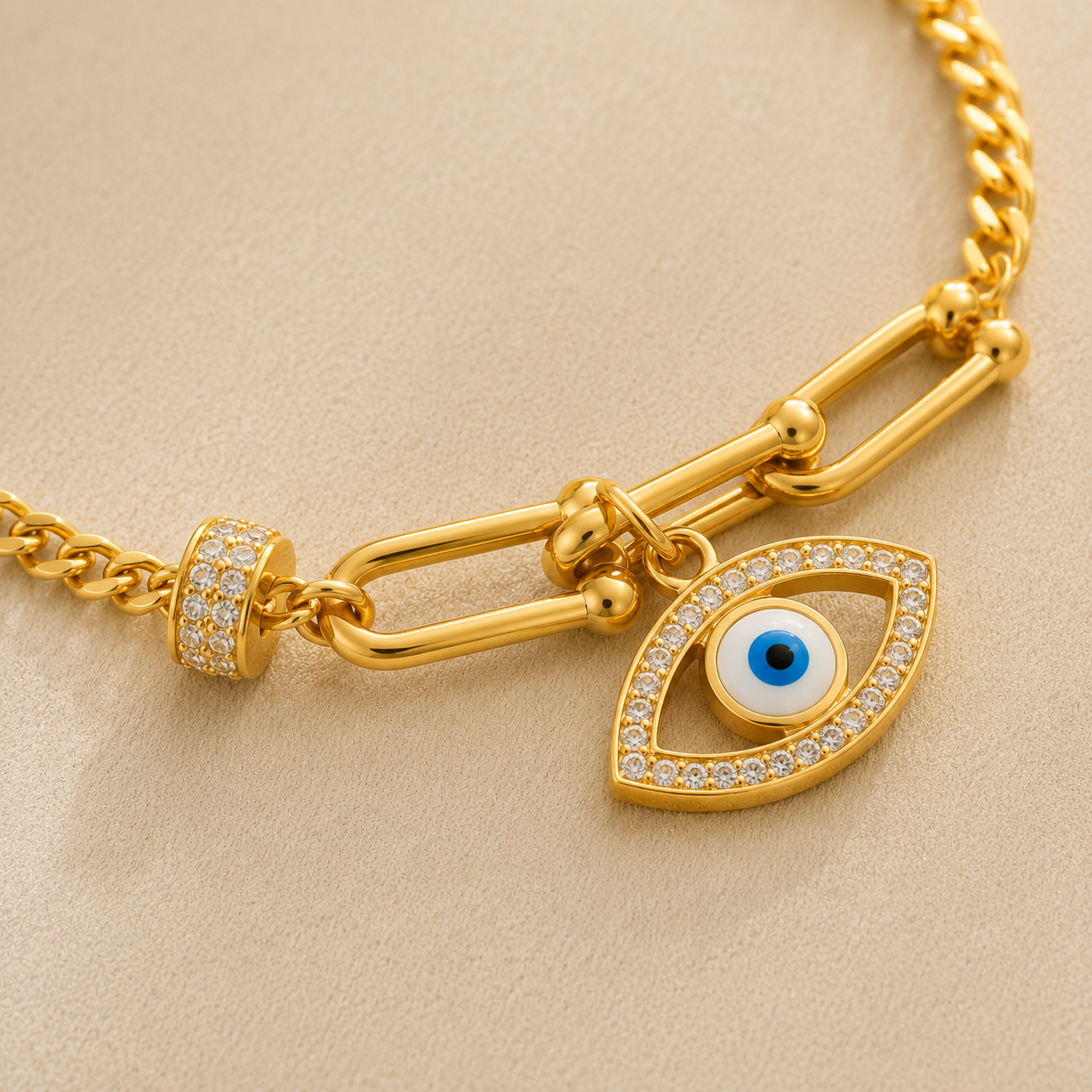 Maison Élyséa gold chain bracelet with crystal evil eye charm, crafted from waterproof PVD stainless steel