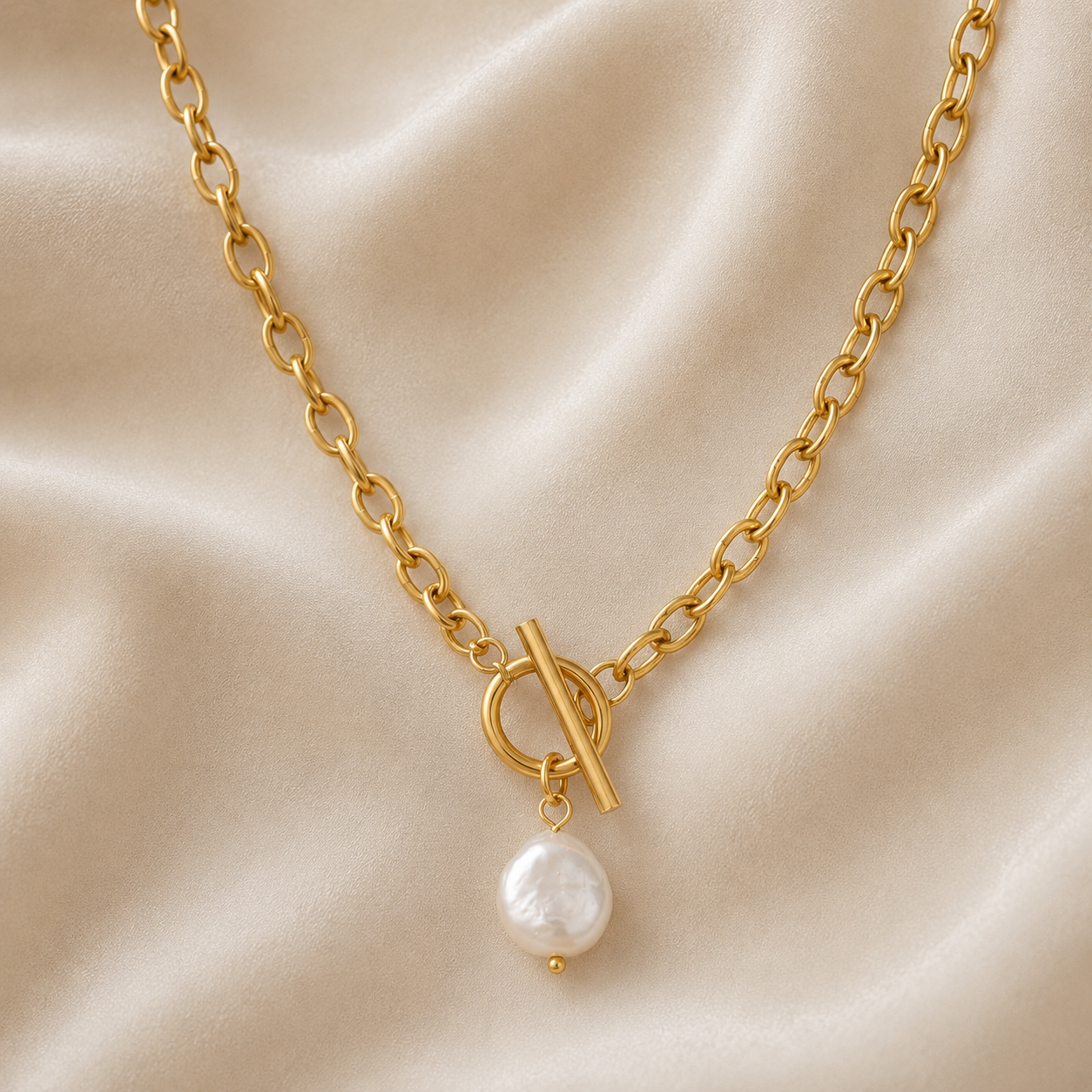 Amalia Pearl Necklace with gold toggle clasp and luminous pearl pendant crafted from waterproof 18K gold PVD stainless steel by Maison Élyséa.