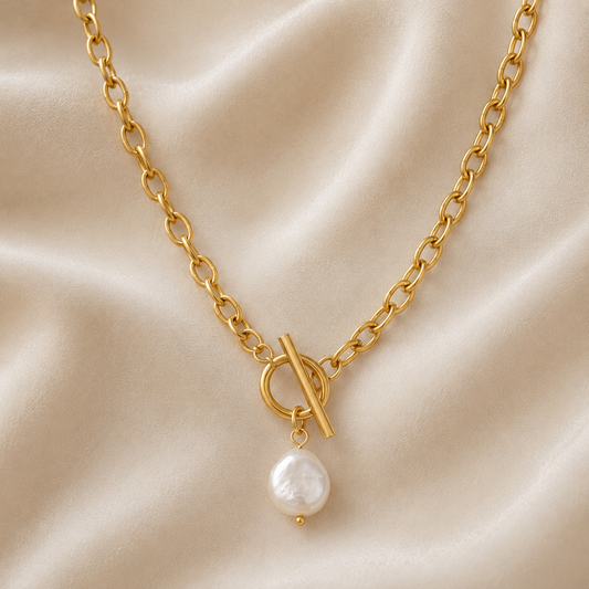 Amalia Pearl Necklace with gold toggle clasp and luminous pearl pendant crafted from waterproof 18K gold PVD stainless steel by Maison Élyséa.