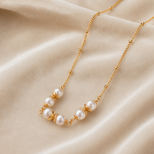 Close-up of the Anasa Pearl Gold Necklace showcasing luminous pearl accents and 18K gold PVD stainless steel craftsmanship.