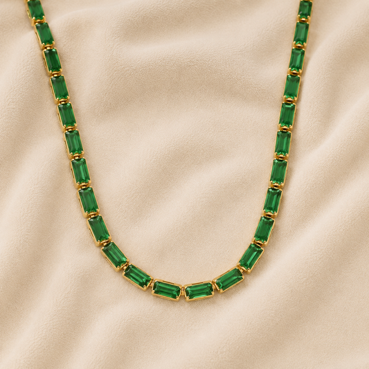 Isadora Emerald Gold Necklace featuring emerald-cut green zircon stones set in waterproof 18K gold PVD stainless steel by Maison Élyséa.