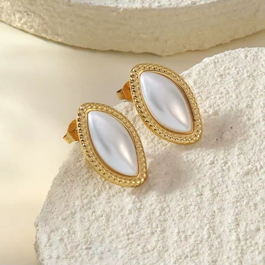 Margaux Gold Earrings featuring pearl-effect marquise stones with textured gold detailing